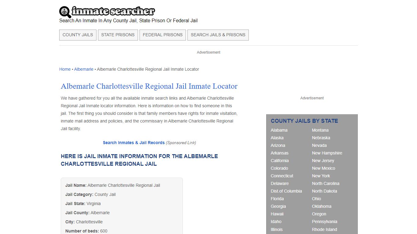 Albemarle Charlottesville Regional Jail Inmate Locator